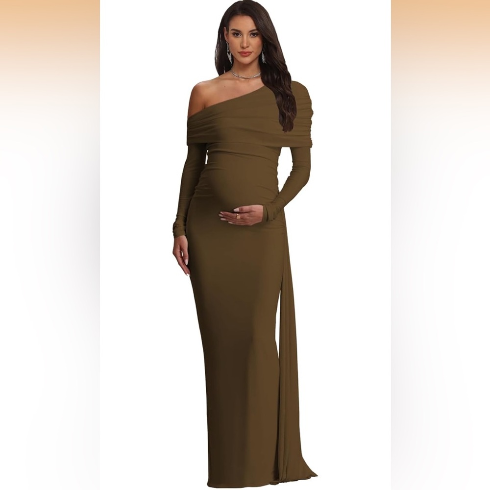 Elegant Off-Shoulder Brown Maternity Dress